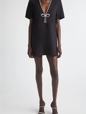 AREA Black Mini Dress with Crystal Bow Necklace